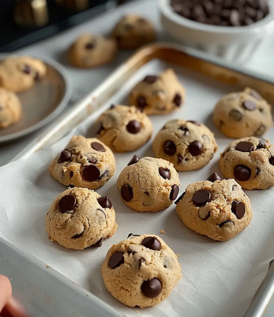 A batch of freshly baked small batch chocolate chip cookies on a parchment-lined baking sheet, featuring golden brown edges and melted chocolate chips.