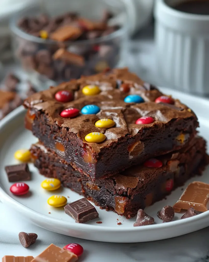A stack of fudgy brookies topped with colorful M&M’s, featuring a rich, gooey texture and caramel chunks.