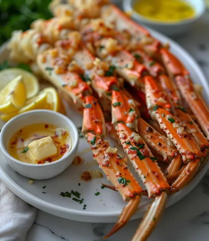 Freshly steamed snow crab legs drizzled with garlic butter, garnished with chopped parsley and red pepper flakes, served with lemon wedges and melted butter dip