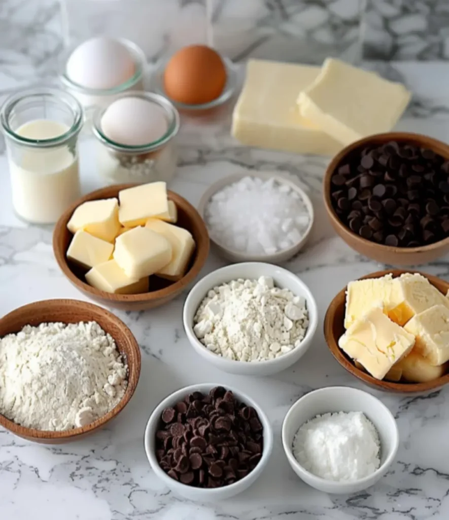 A selection of baking ingredients for Gipfeli (Swiss croissants), including flour, butter, eggs, sugar, chocolate chips, and milk, arranged on a marble countertop