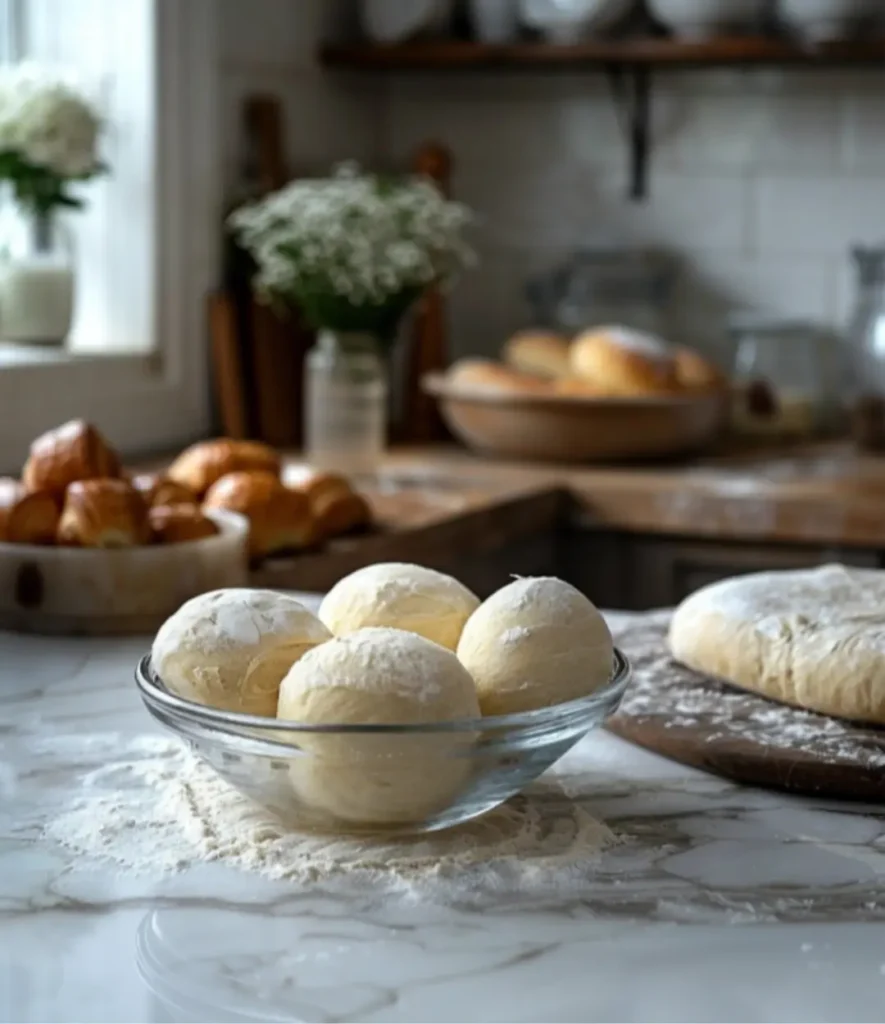 Freshly prepared Gipfeli dough balls resting in a glass bowl, lightly dusted with flour, with a rustic kitchen setting in the background.