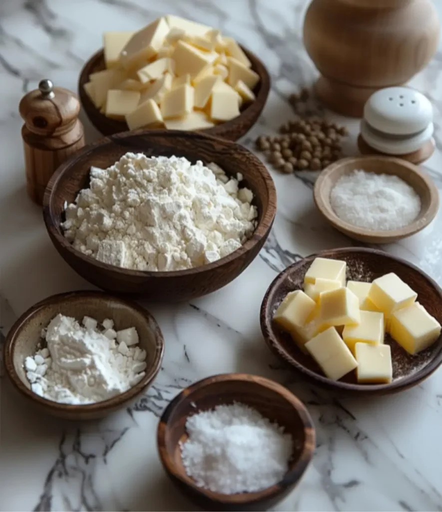 Fresh Gipfeli ingredients including cubed butter, flour, salt, and spices arranged in wooden bowls on a marble countertop