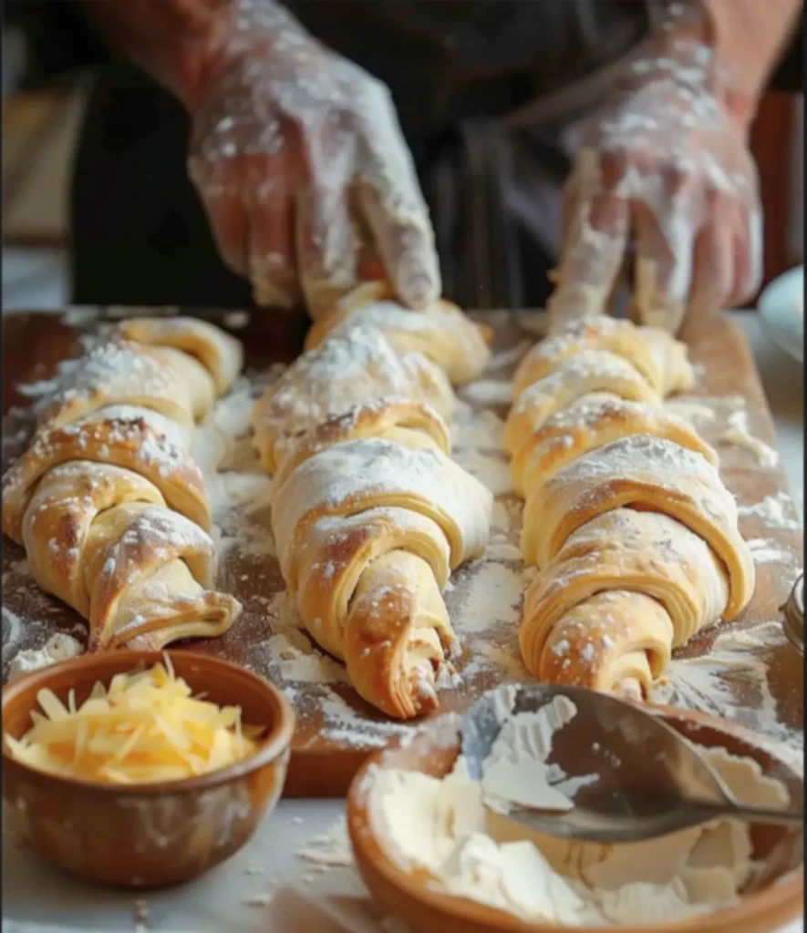 A baker's hands shaping freshly baked Gipfeli (Swiss croissants) on a wooden board, dusted with flour, with grated cheese and cream in bowls
