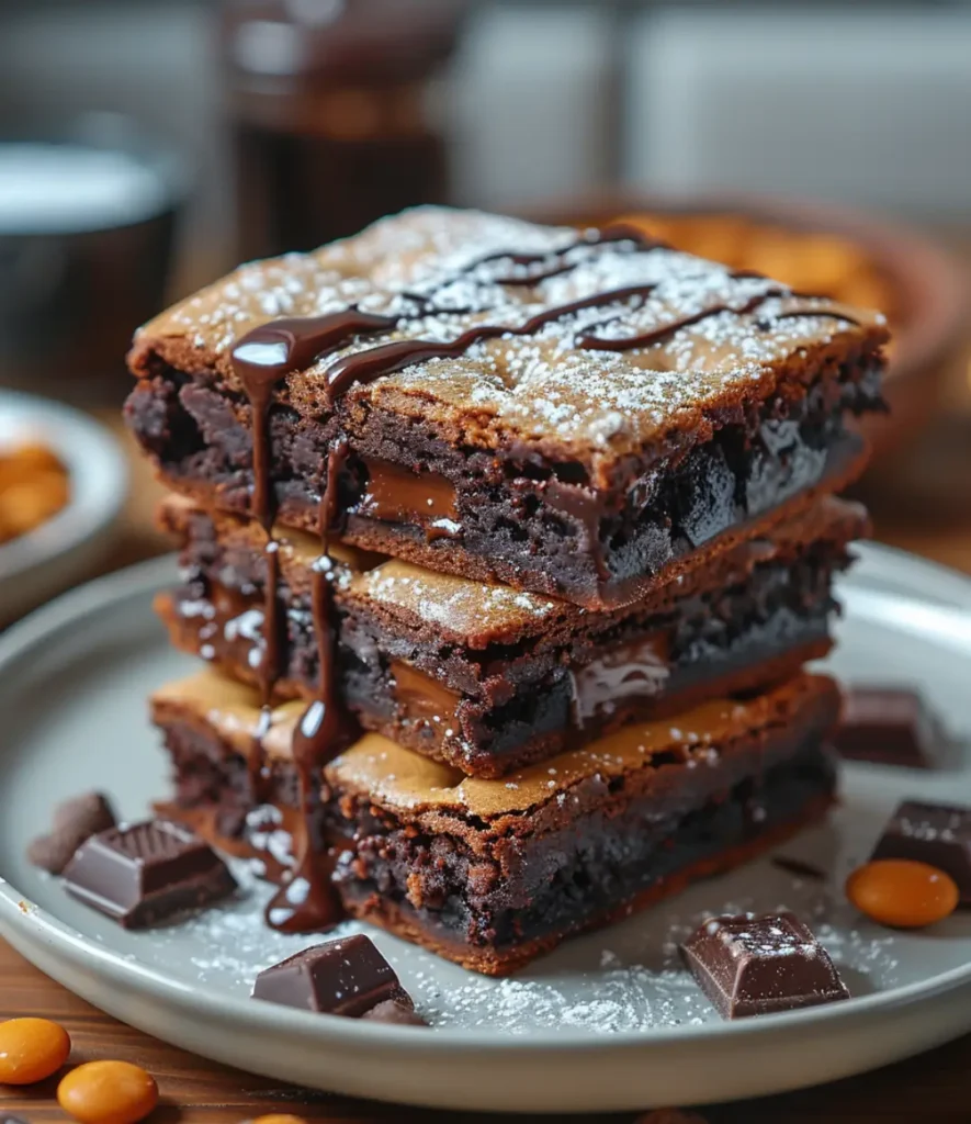 A stack of gooey brookies drizzled with melted chocolate and dusted with powdered sugar, featuring rich brownie and cookie layers.