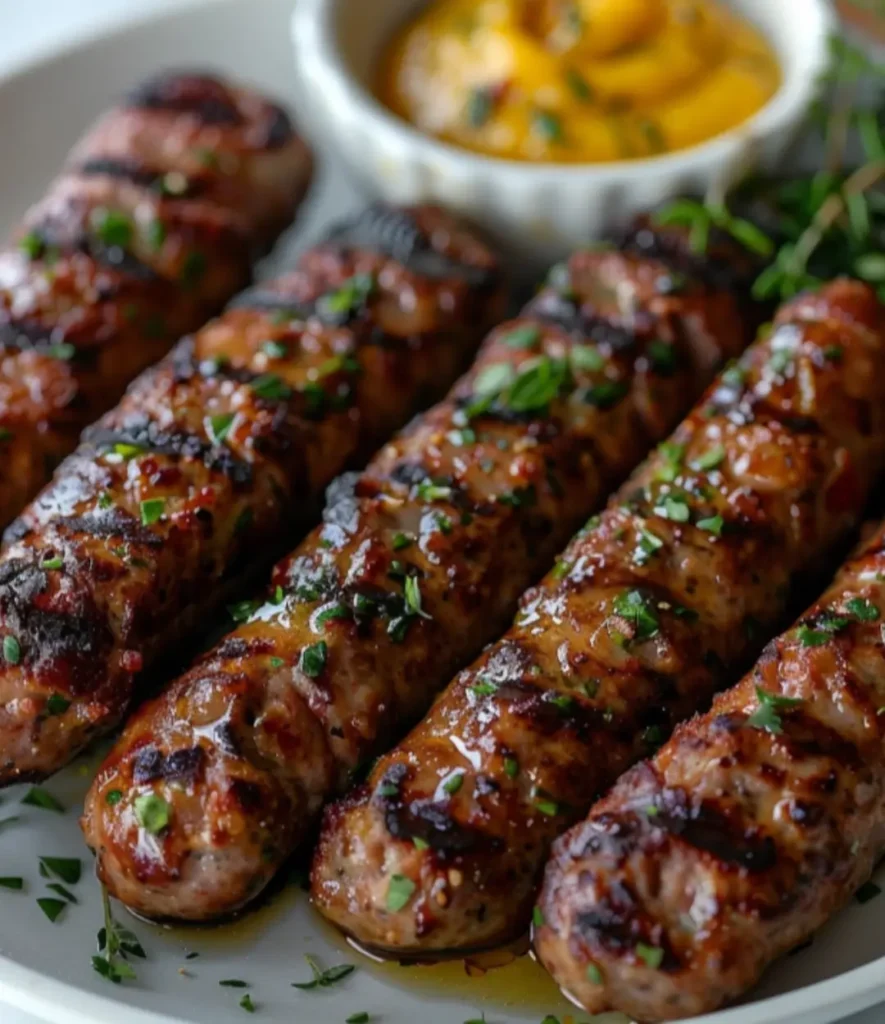 Grilled beef sausages with a golden-brown sear, garnished with fresh herbs and served with a side of mustard dipping sauce.