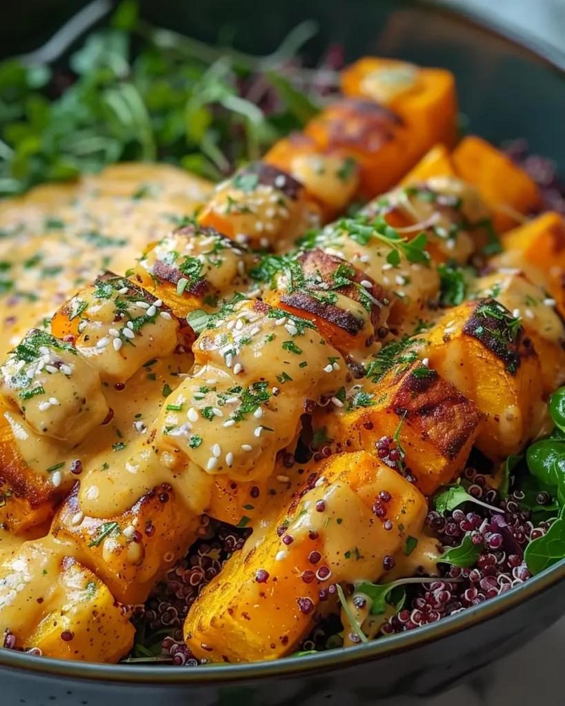 Grilled sweet potato skewers drizzled with creamy sauce, served over a quinoa and fresh greens salad, garnished with sesame seeds and herbs