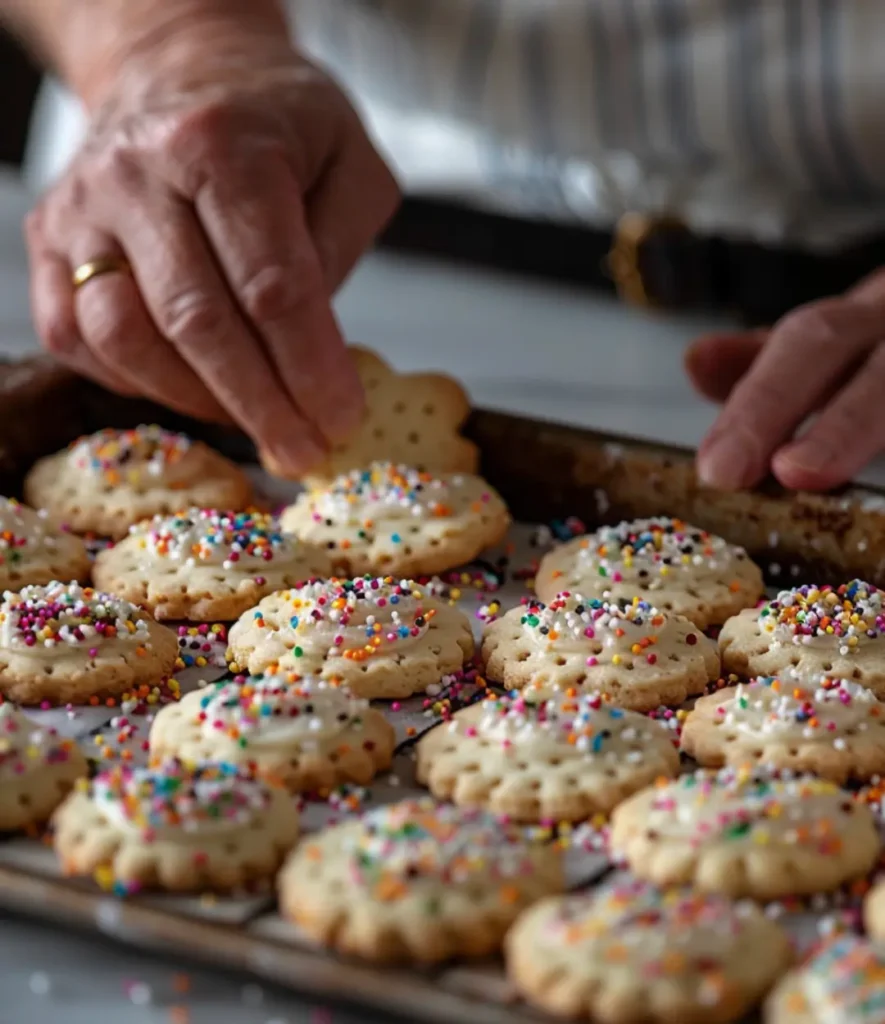 A close-up of hands decorating homemade birthday cookies with colorful sprinkles on a baking sheet.