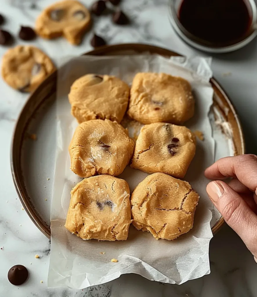 Homemade chocolate chip cookie dough portions on parchment paper, ready to be baked for brookies, with chocolate chips and a cup of coffee in the background.