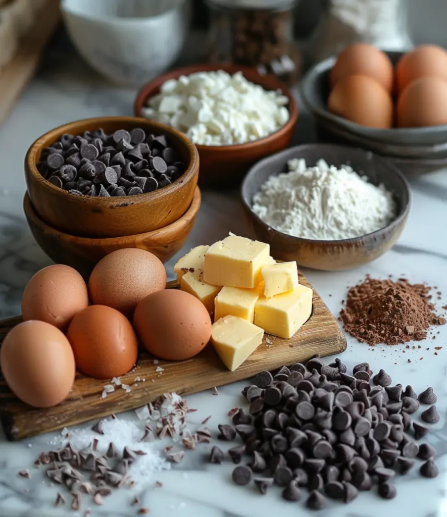 A collection of ingredients for mini chocolate chip cookies, including chocolate chips, eggs, butter, flour, cocoa powder, and sugar, arranged on a marble countertop.
