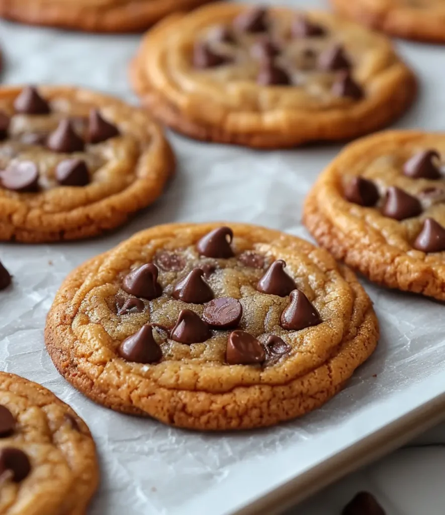 Freshly baked mini chocolate chip cookies with golden-brown edges and gooey centers, topped with melted chocolate chips, cooling on a parchment-lined baking sheet.
