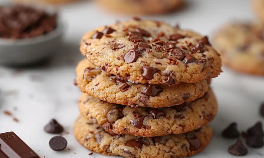 A stack of four mini chocolate chip cookies with golden crispy edges and gooey melted chocolate chips, set on a marble surface with chocolate chunks scattered around.