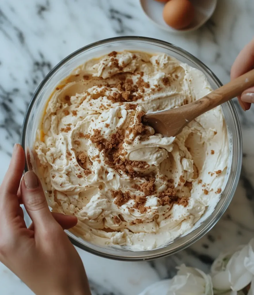 Creamy Moon Spell Cookie dough being mixed in a glass bowl with a wooden spoon, sprinkled with brown sugar, on a marble countertop.