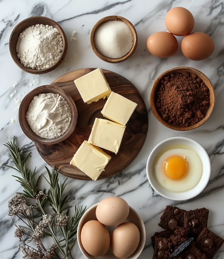 Ingredients for Moon Spell Cookies, including butter, cocoa powder, flour, sugar, eggs, and chocolate chunks, arranged on a marble surface.
