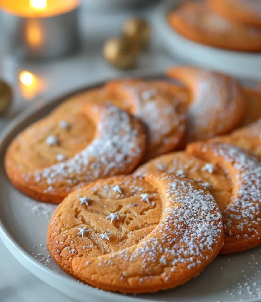 Golden crescent-shaped Moon Spell Cookies dusted with powdered sugar and decorated with edible silver stars, served on a plate with a warm candlelit background.