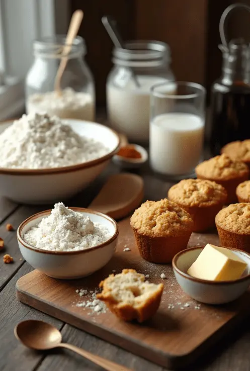 Ingredients and freshly baked Vegetarian Cinnamon Sugar Donut Muffins on a wooden table, with flour, milk, and butter in the background.
