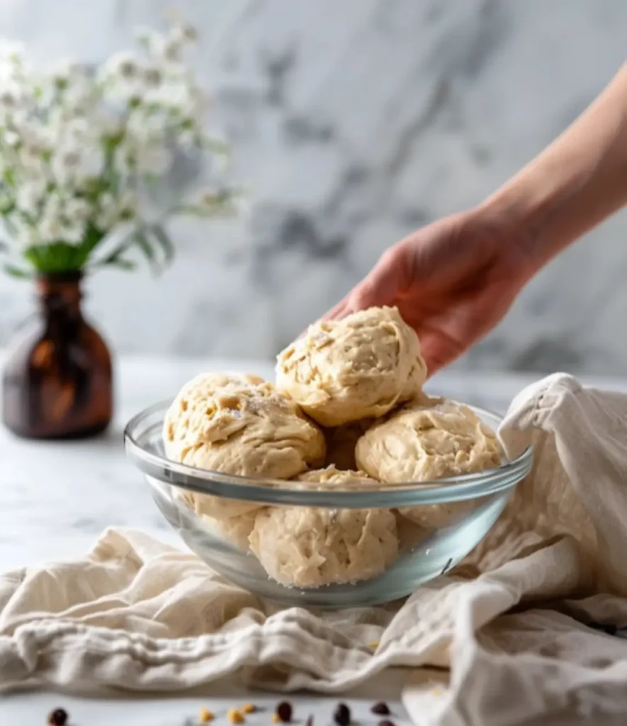 A glass bowl filled with freshly prepared Nussgipfel dough, with a hand picking up one piece, set on a marble countertop with a linen cloth.