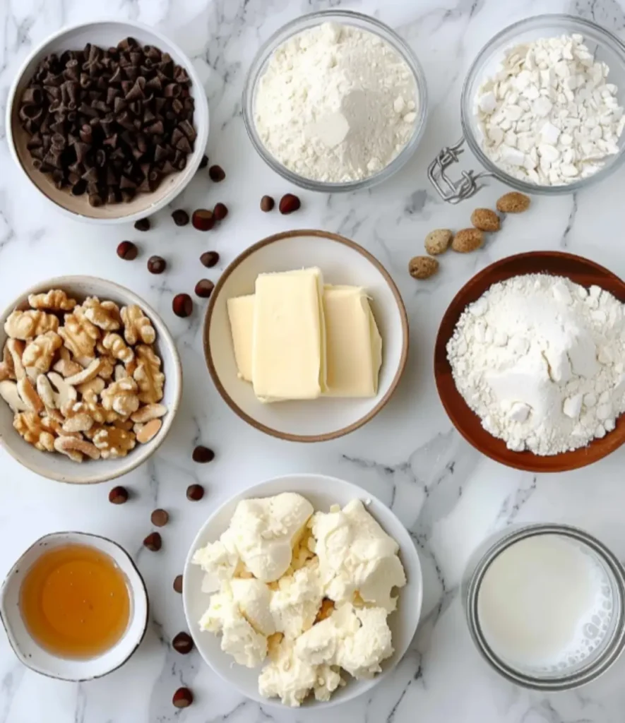 Flat-lay of Nussgipfel ingredients on a marble countertop, including flour, butter, chocolate chips, nuts, honey, and milk