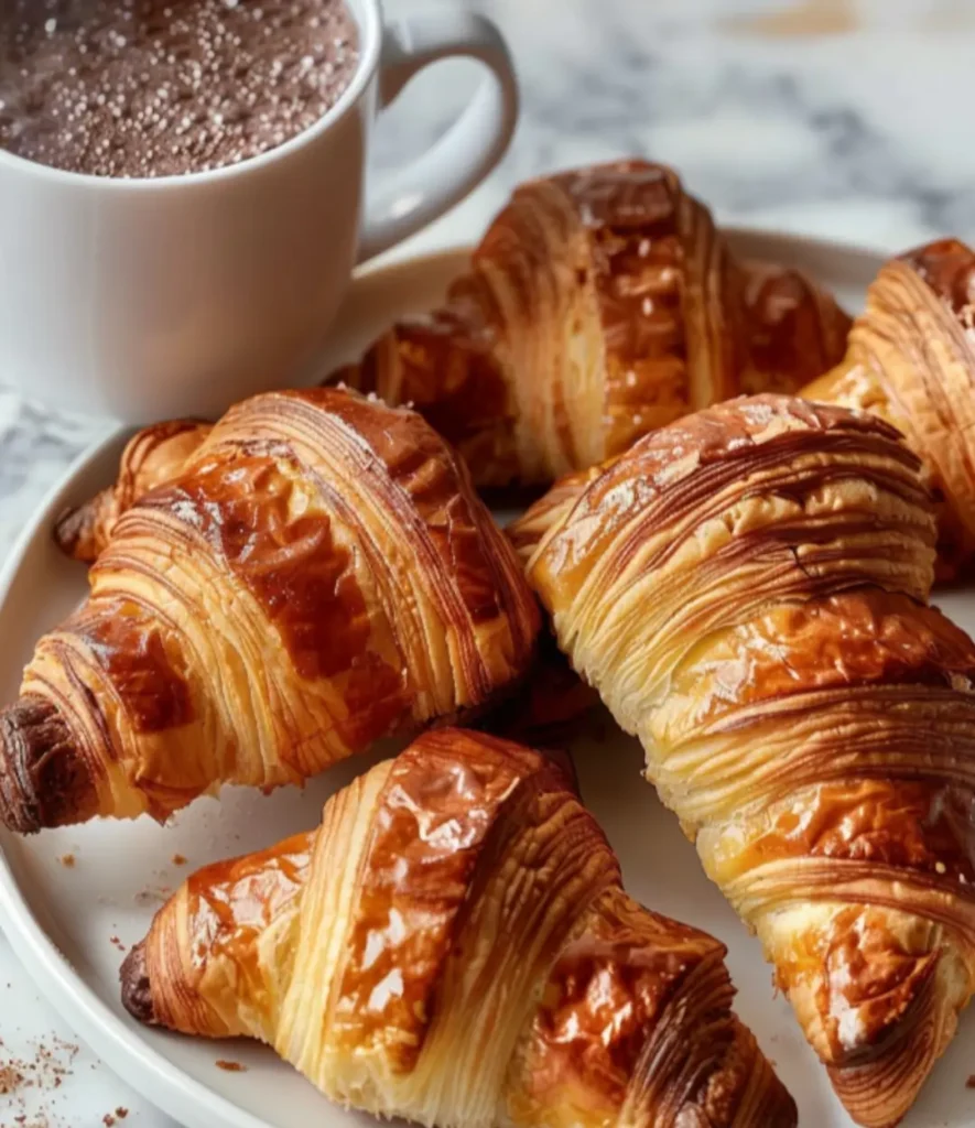 Golden, flaky Nussgipfel croissants served on a white plate with a cup of rich hot chocolate on a marble table.