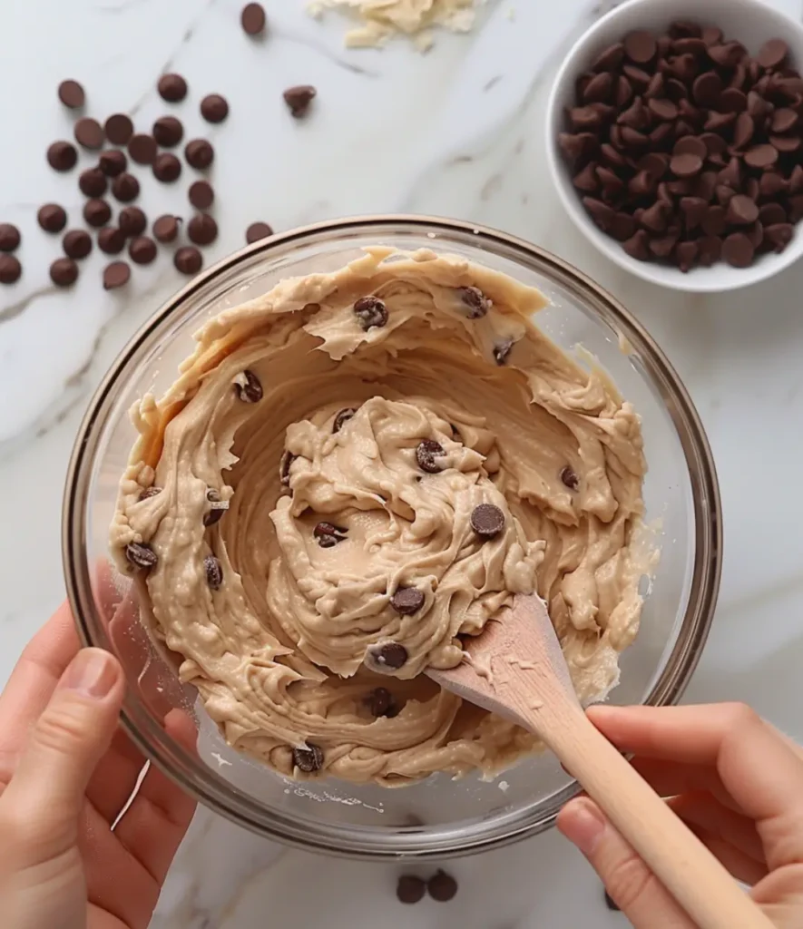 A glass bowl filled with creamy small batch chocolate chip cookie dough, being mixed with a wooden spatula, with chocolate chips scattered on a marble surface