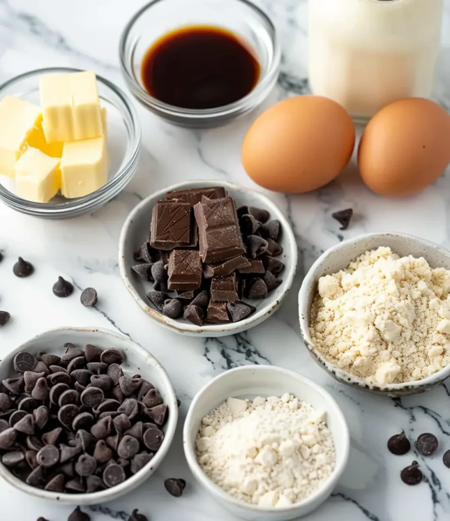 Ingredients for small batch chocolate chip cookies displayed on a marble surface, including butter, eggs, vanilla extract, chocolate chips, almond flour, all-purpose flour, and milk