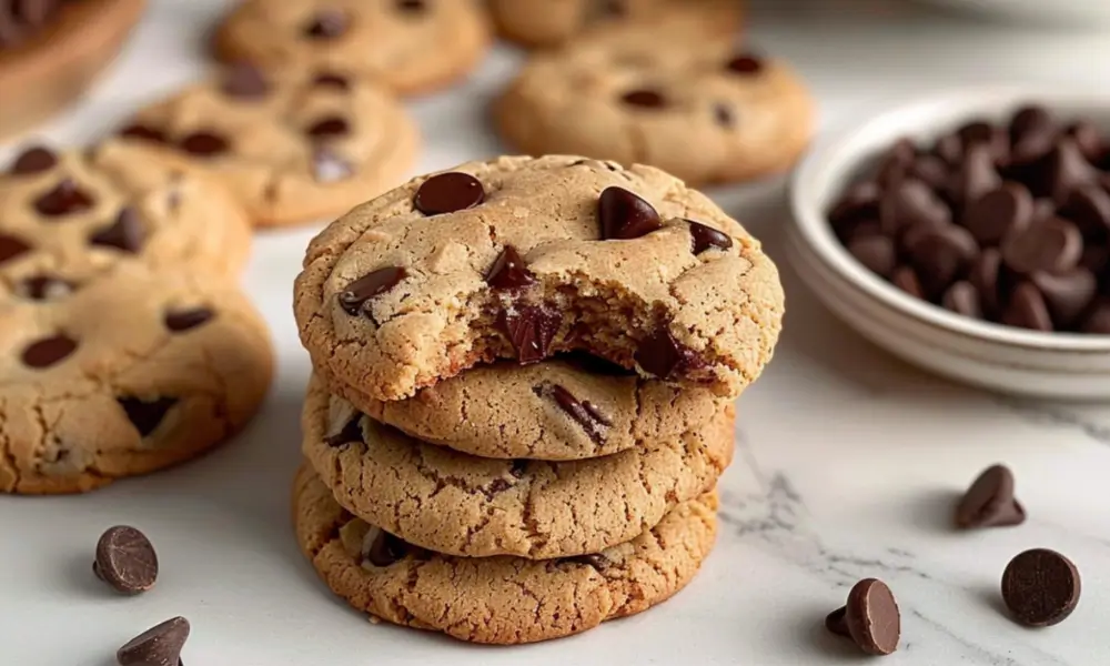 A stack of freshly baked small batch chocolate chip cookies with golden edges, studded with semi-sweet chocolate chips, and a bite taken out of the top cookie
