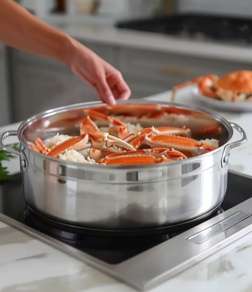 A stainless steel pot filled with fresh snow crab legs being steamed on an induction stove in a modern kitchen.