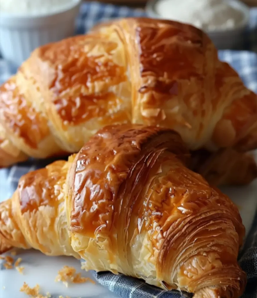 Crispy, golden-brown Swiss Gipfeli with flaky, buttery layers resting on a blue checkered cloth
