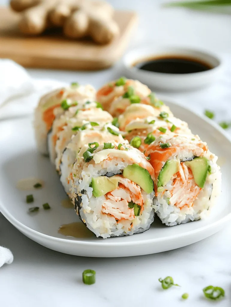 Alaska roll sushi with crab meat, avocado, and salmon topped with creamy sauce and green onion garnish on a white plate