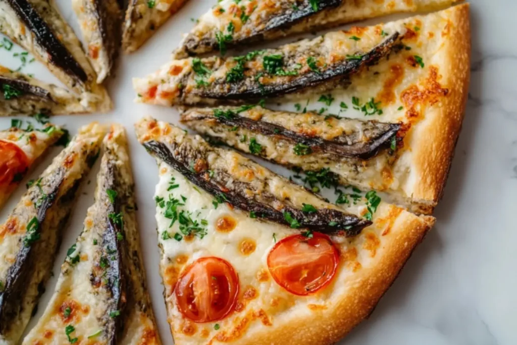 Boquerones pizza with white anchovies, melted cheese, cherry tomatoes, and fresh parsley on a crispy golden crust