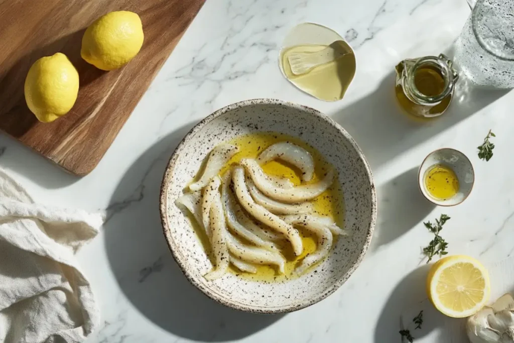 Boquerones marinated in olive oil and lemon in a rustic bowl on a marble countertop, surrounded by fresh ingredients.