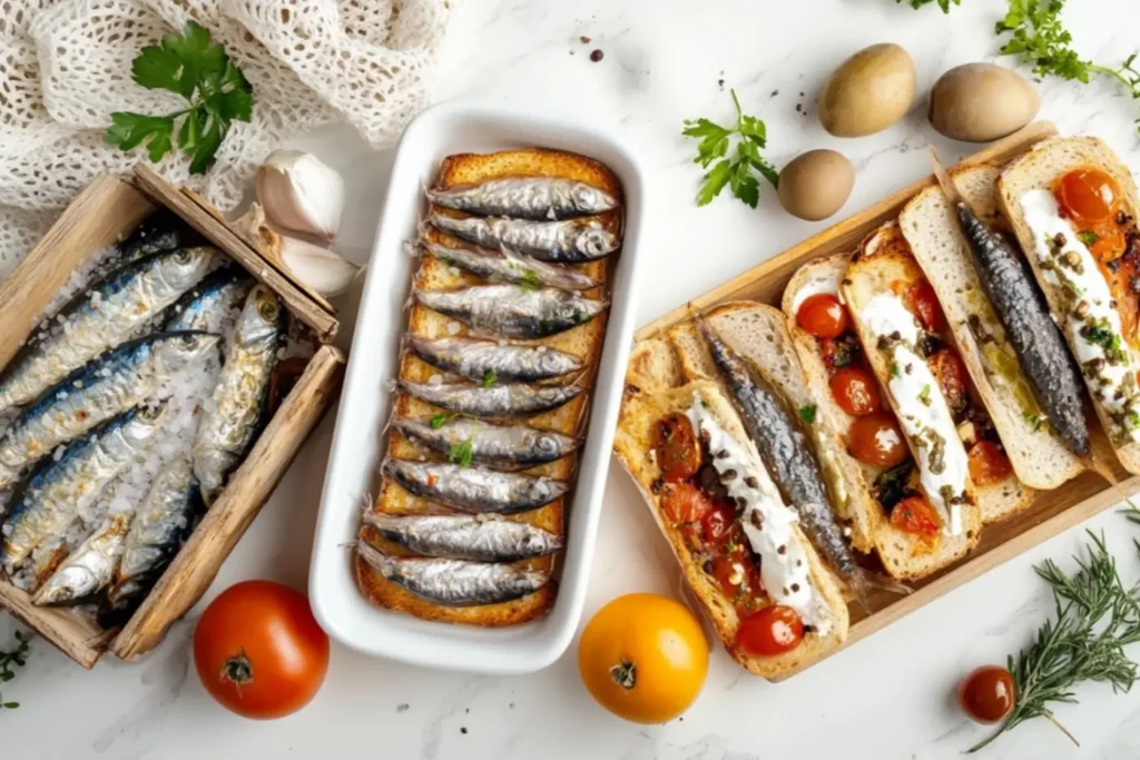 Fresh boquerones served on toasted bread with cherry tomatoes, cream cheese, and capers on a white marble countertop