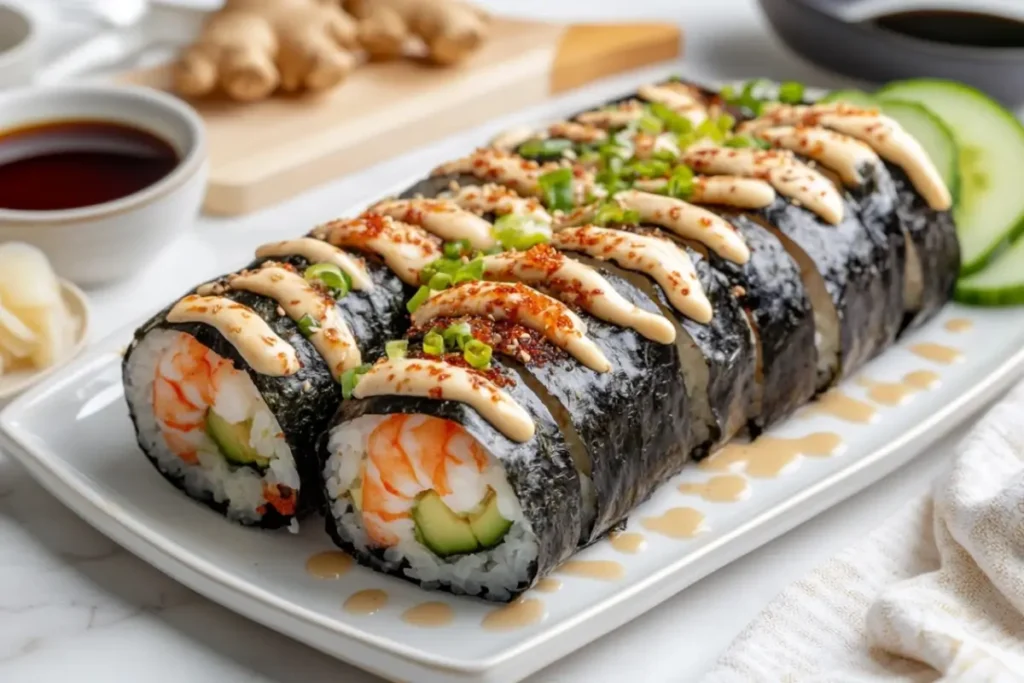 A Boston Roll sushi featuring poached shrimp, avocado, and cucumber wrapped in nori, topped with creamy sauce and spicy seasoning. Is Boston Roll good for sushi lovers?