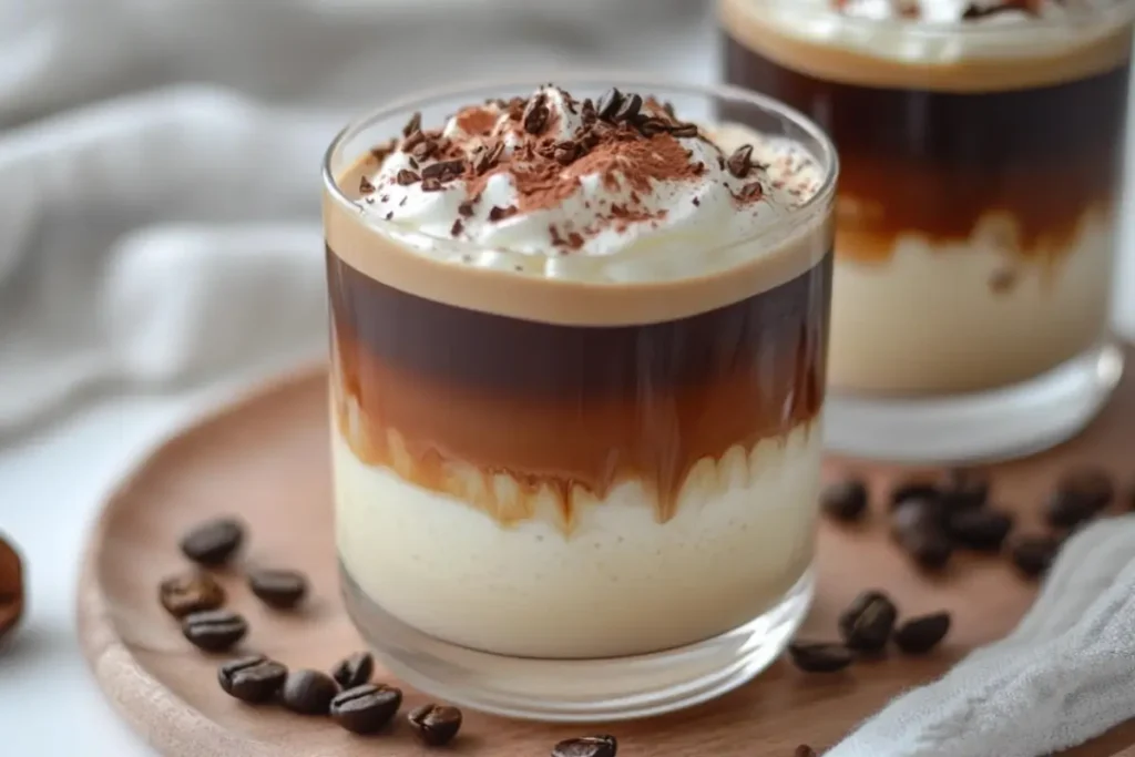 A creamy layered breve coffee served in a glass, topped with whipped cream, cocoa powder, and coffee beans, highlighting the rich and indulgent texture of this unique coffee drink.

