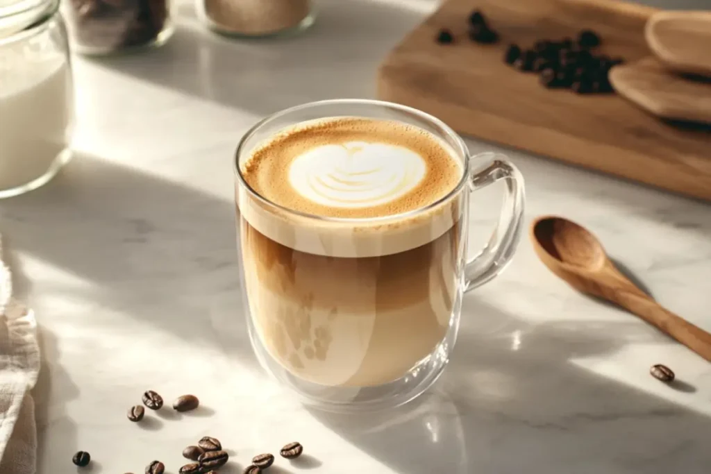 A freshly brewed breve coffee in a clear glass mug, showcasing its creamy layers and velvety foam, placed on a sunlit marble table with coffee beans and a wooden spoon for a cozy setting.
