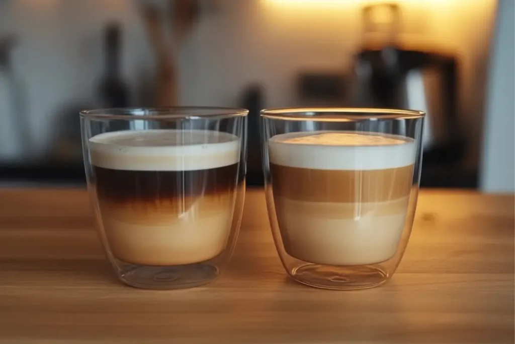 Side-by-side comparison of breve and latte in double-walled glass cups on a wooden table