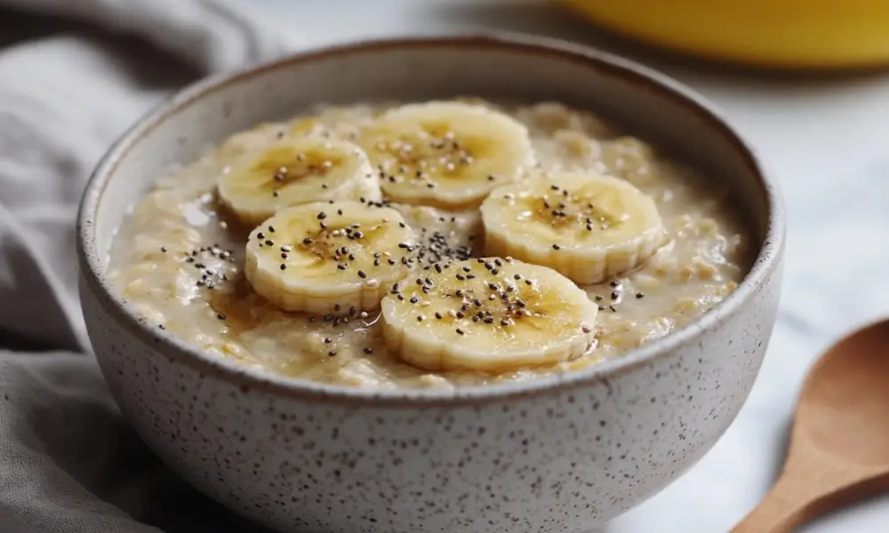Classic low FODMAP oatmeal bowl topped with banana slices, chia seeds, and a drizzle of honey