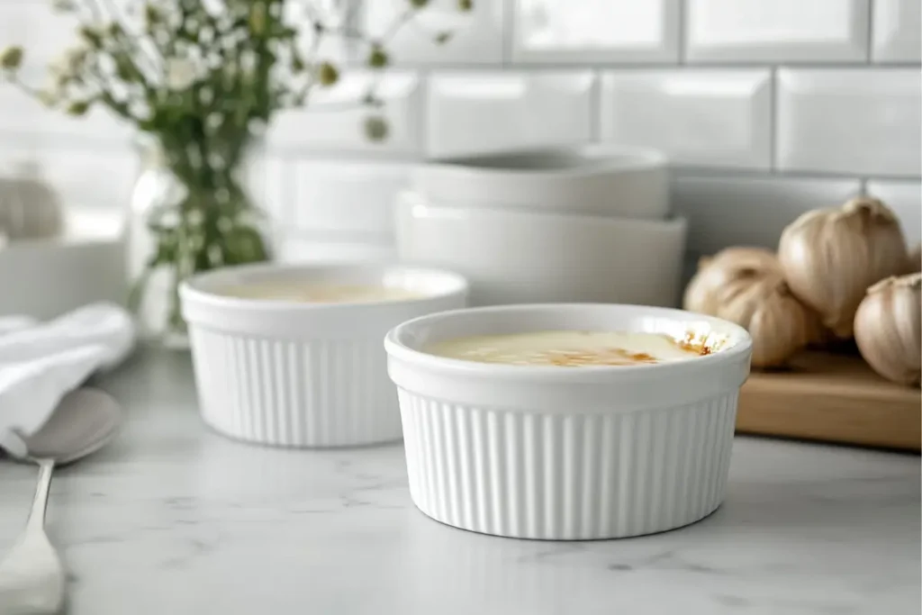 Classic crème brûlée served in white ramekins on a marble countertop with a cozy kitchen background