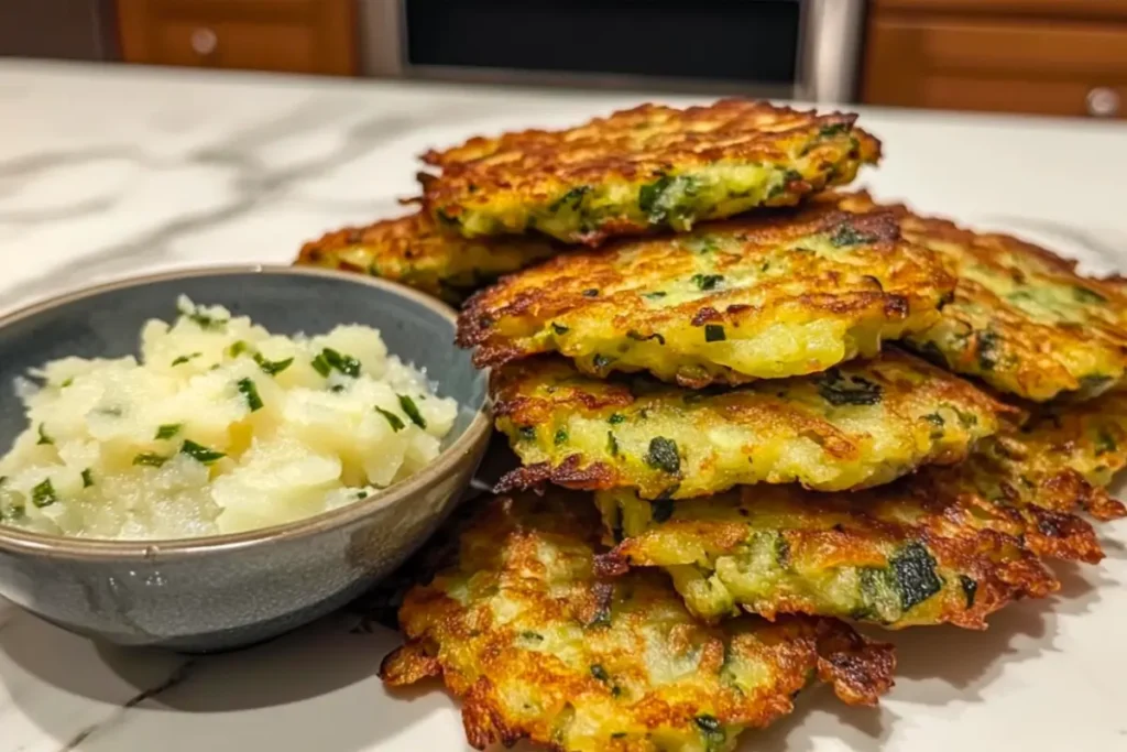 Crispy potato pancakes stacked with a bowl of applesauce, perfect for a Kosher Passover meal