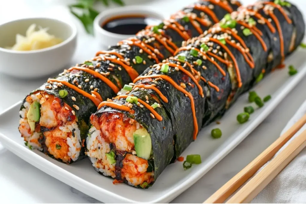 Two Boston Roll sushi rolls topped with spicy mayo, sesame seeds, and green onions, arranged on a white plate with soy sauce and pickled ginger in the background. Is Boston Roll good for spicy food lovers?