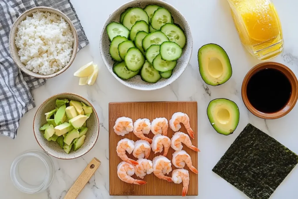 Ingredients for Boston Roll sushi, including poached shrimp, cucumber, avocado, rice, and nori sheets, arranged on a white marble background. Is Boston Roll good for sushi beginners?