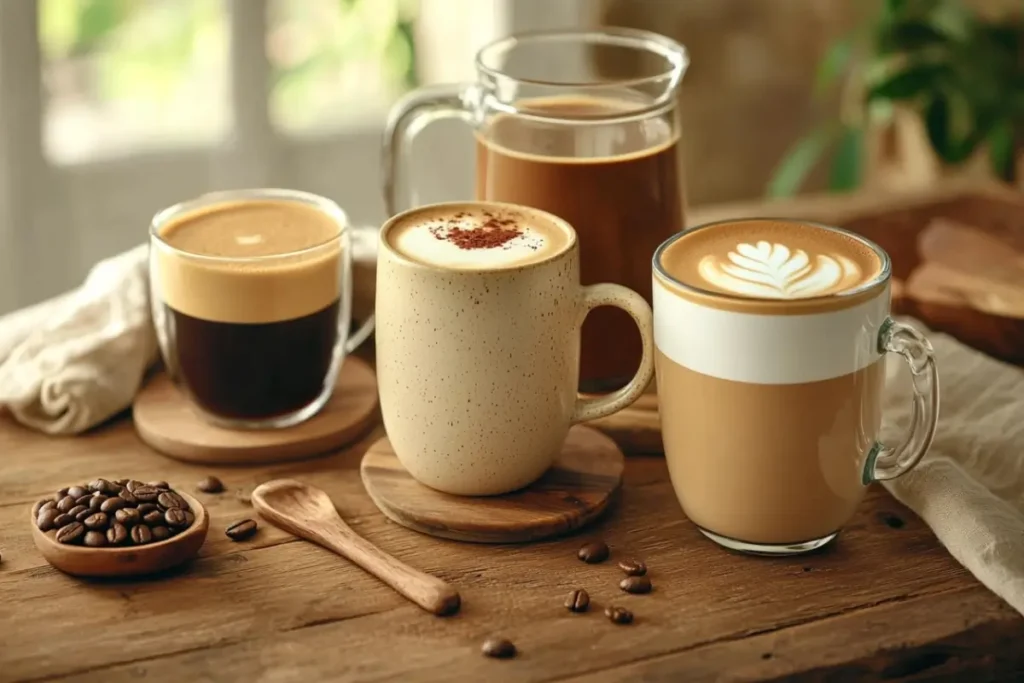 An assortment of coffee drinks, including breve coffee, cappuccino, and espresso, served in ceramic and glass mugs on a rustic wooden table with coffee beans and a wooden spoon