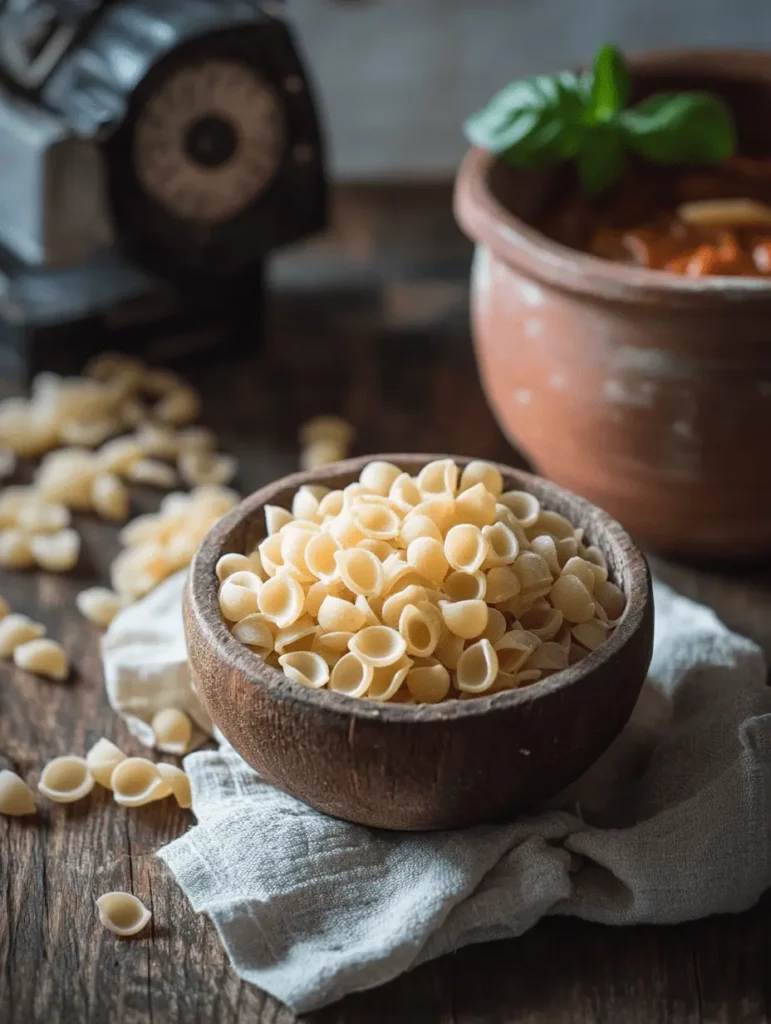 Bowl of small shell-shaped pasta as a substitute for ditalini pasta, perfect for hearty soups and stews