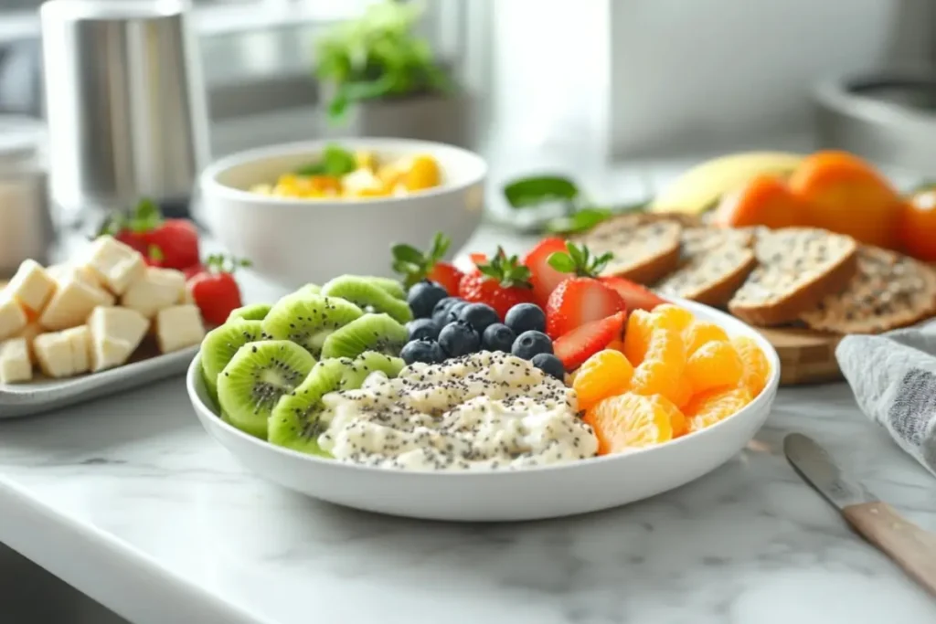 A vibrant low FODMAP breakfast bowl featuring kiwi, blueberries, strawberries, tangerines, and chia seeds alongside bread slices and diced cheese