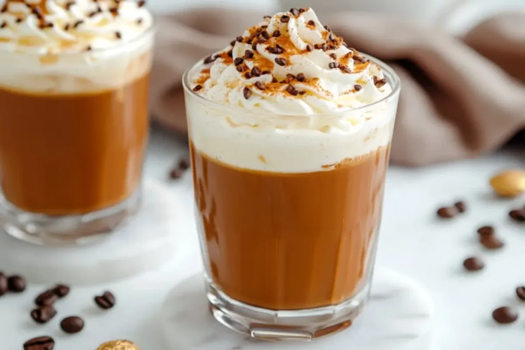 A decadent glass of breve coffee topped with whipped cream, sprinkled with chocolate shavings and cinnamon, surrounded by coffee beans on a white marble surface.