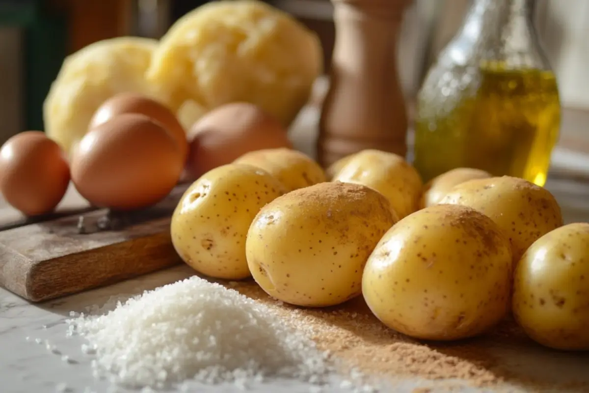 Fresh ingredients for potato pancakes: whole potatoes, eggs, salt, and olive oil on a kitchen counter