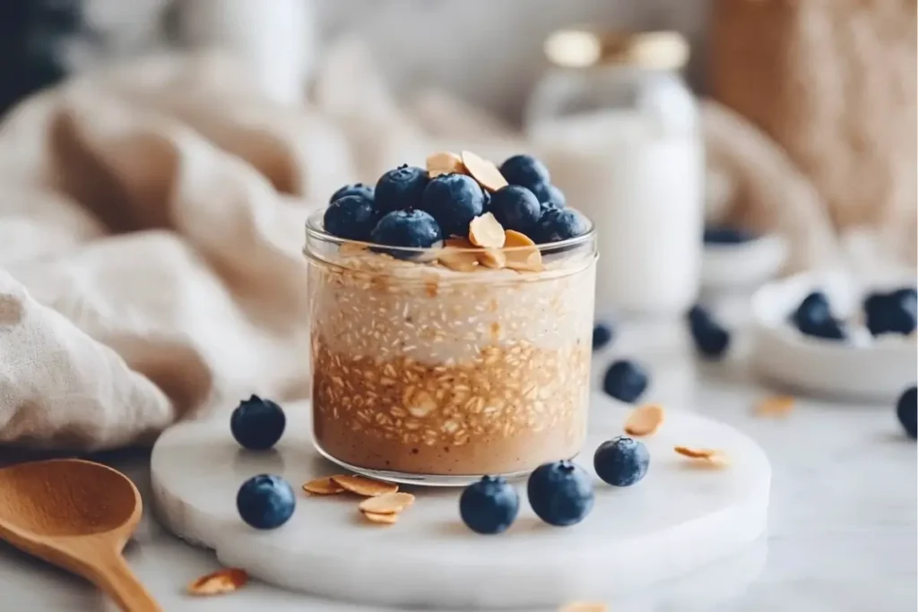 Low FODMAP breakfast jar with layered oats, almond butter, and fresh blueberries, perfect for a healthy morning meal