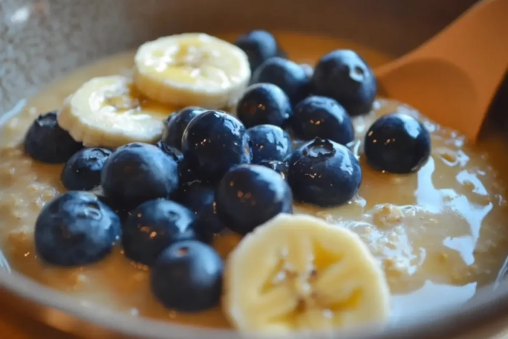 Low FODMAP oatmeal bowl with banana slices, blueberries, and a drizzle of honey