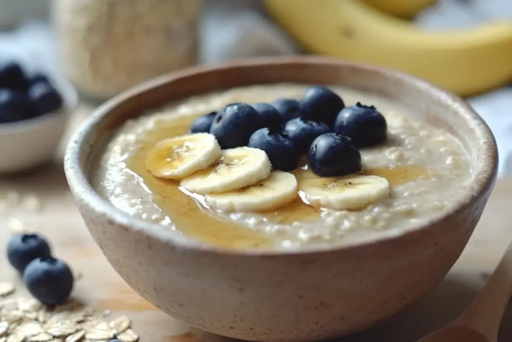 Low FODMAP oatmeal bowl topped with banana slices, blueberries, and a drizzle of maple syrup