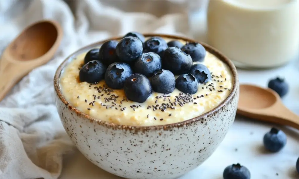 Low FODMAP overnight oats topped with fresh blueberries and chia seeds