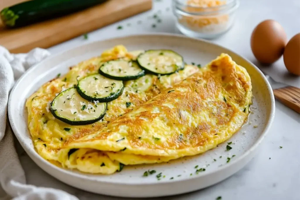 Low FODMAP zucchini omelette on a white plate, a healthy and protein-packed breakfast option.